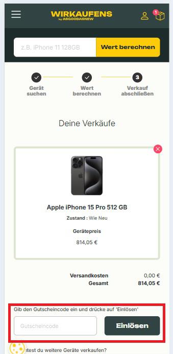 Screenshot des Gutscheinfeldes, in dem du einen WirKaufens Gutschein einlösen kannst