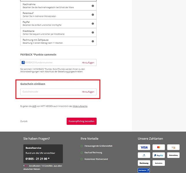 Screenshot aus dem Warenkorb mit Hinweis darauf, wie du deinen WITT WEIDEN Gutschein einlösen kannst.