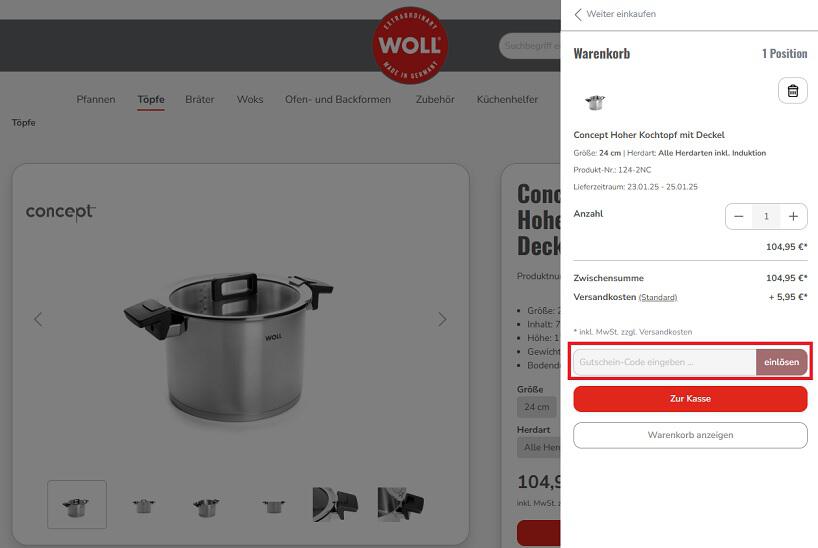 img: woll-gutschein-einloesen / alt: Screenshot aus dem Warenkorb mit Hinweis darauf, wie du den Woll Gutschein einlösen kannst.