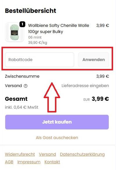 Screenshot von der Bestellübersicht, um deinen Wollbiene Gutschein einzulösen