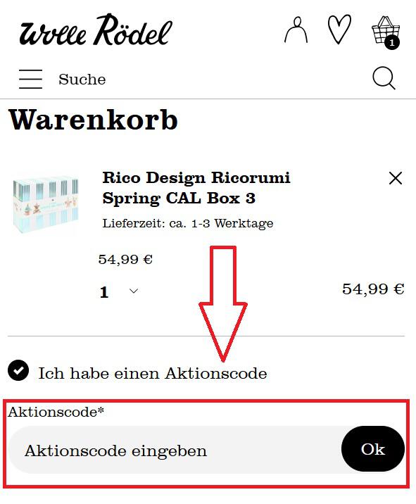 Screenshot vom Eingabefeld mit Hinweis darauf, wo du den Wolle Rödel Gutschein einlösen kannst