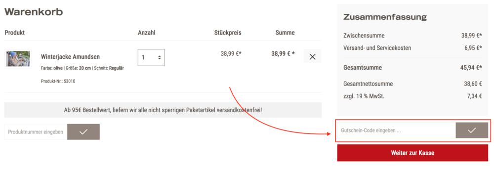 Warenkorb-Screenshot mit Eingabefeld für deinen WOLTERS Gutschein
