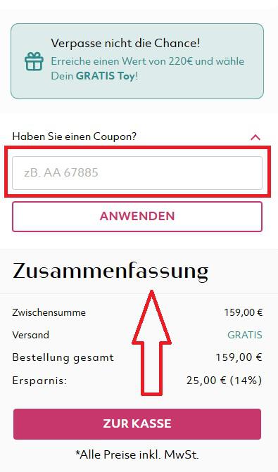 Eingabefeld für den Womanizer Gutschein im Warenkorb