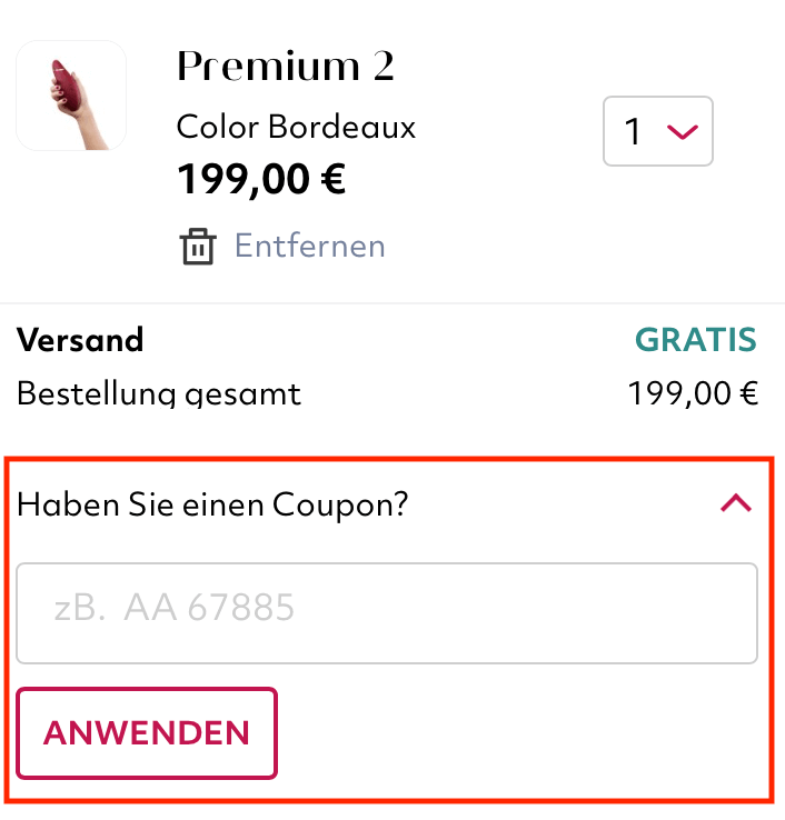 Eingabefeld für den Womanizer Gutschein im Warenkorb