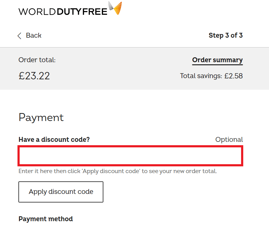 World Duty Free discount code box redemption during checkout