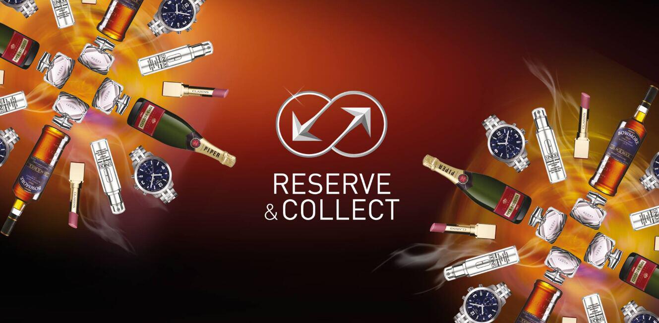 World Duty Free offers page image - Products that World Duty Free arranged in a circle with the text reserve and colect
