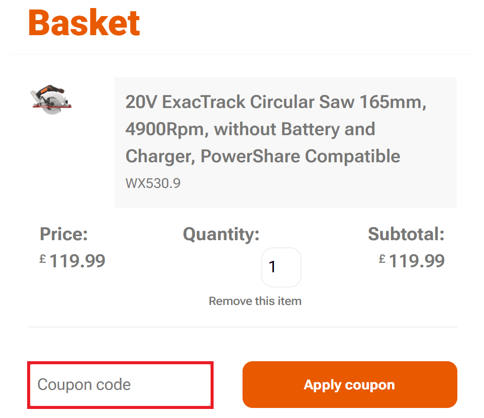 WORX discount code box in shopping basket image