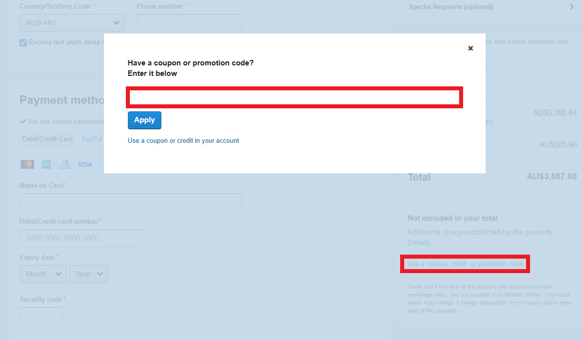 Wotif discount code box during booking process image