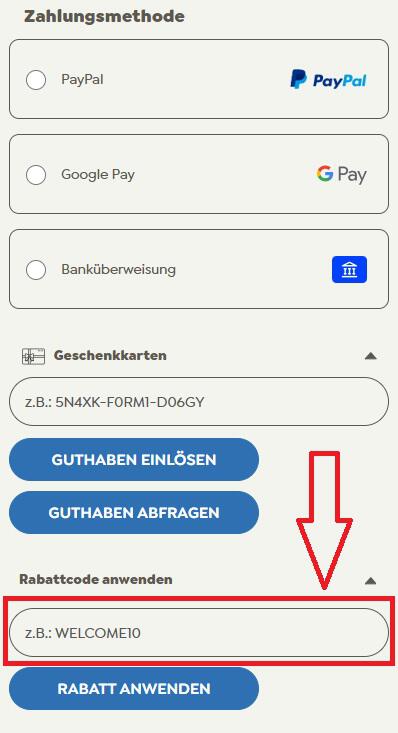 Screenshot vom Eingabefeld mit Hinweis darauf, wo du den WOW Pet Gutschein einlösen kannst