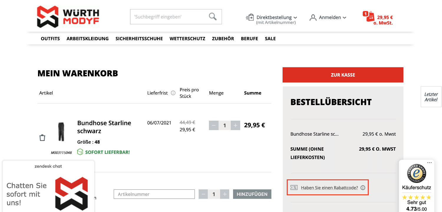 Löse deinen Würt MODYF-Gutschein im Warenkorb ein.
