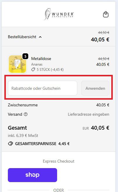 Screenshot vom Eingabefeld für den Wunder Zahnstocher Rabattcode