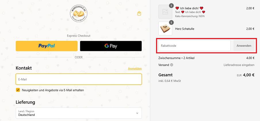 img: wunschkeks-gutschein-einloesen / alt: Screenshot aus dem Warenkorb mit Hinweis darauf, wie du den Wunschkeks Gutschein einlösen kannst.