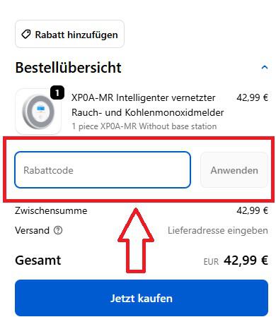 Screenshot aus dem Warenkorb mit Hinweis darauf, wo du den X-SENSE Gutschein einlösen kannst