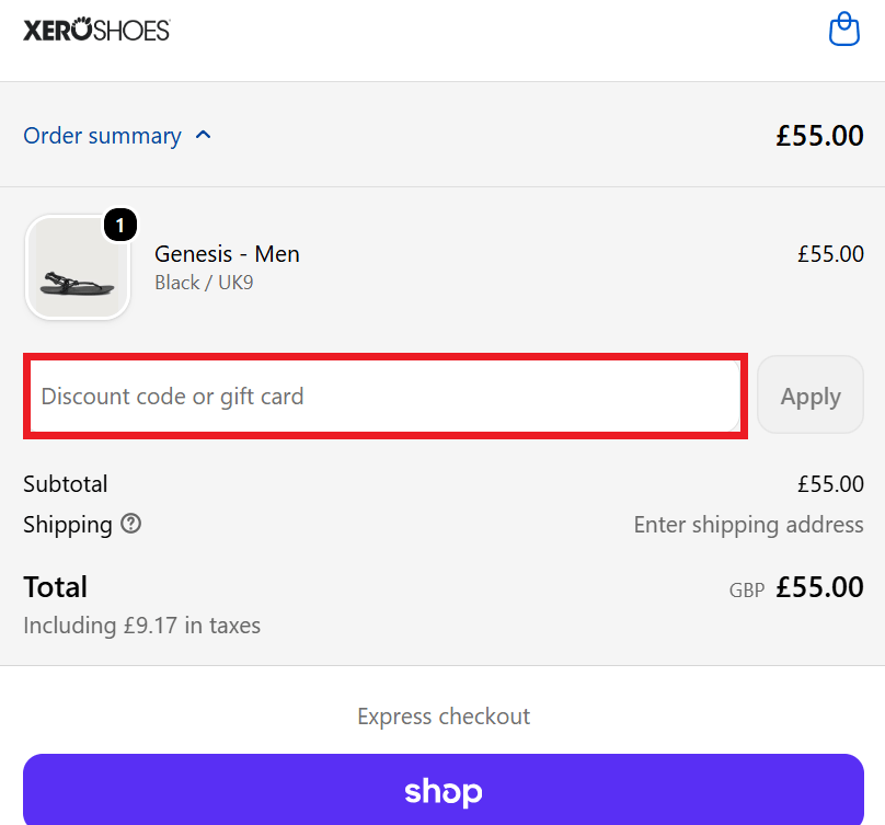 Xero Shoes discount code box on the checkout page