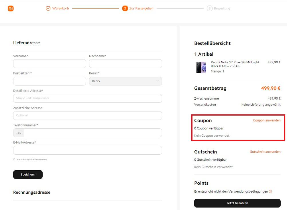 Screenshot aus dem Warenkorb mit EIngabefeld zum Anwenden vom Xiaomi-Gutschein