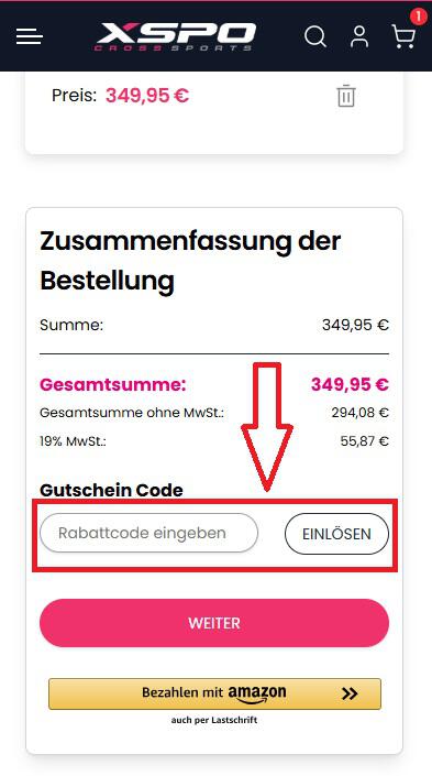 Screenshot vom Eingabefeld mit Hinweis darauf, wo du den XSPO Gutschein einlösen kannst