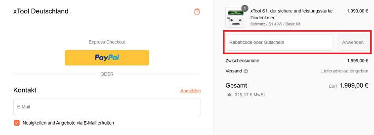 Warenkorb-Screenshot mit Eingabefeld für xTool Gutschein
