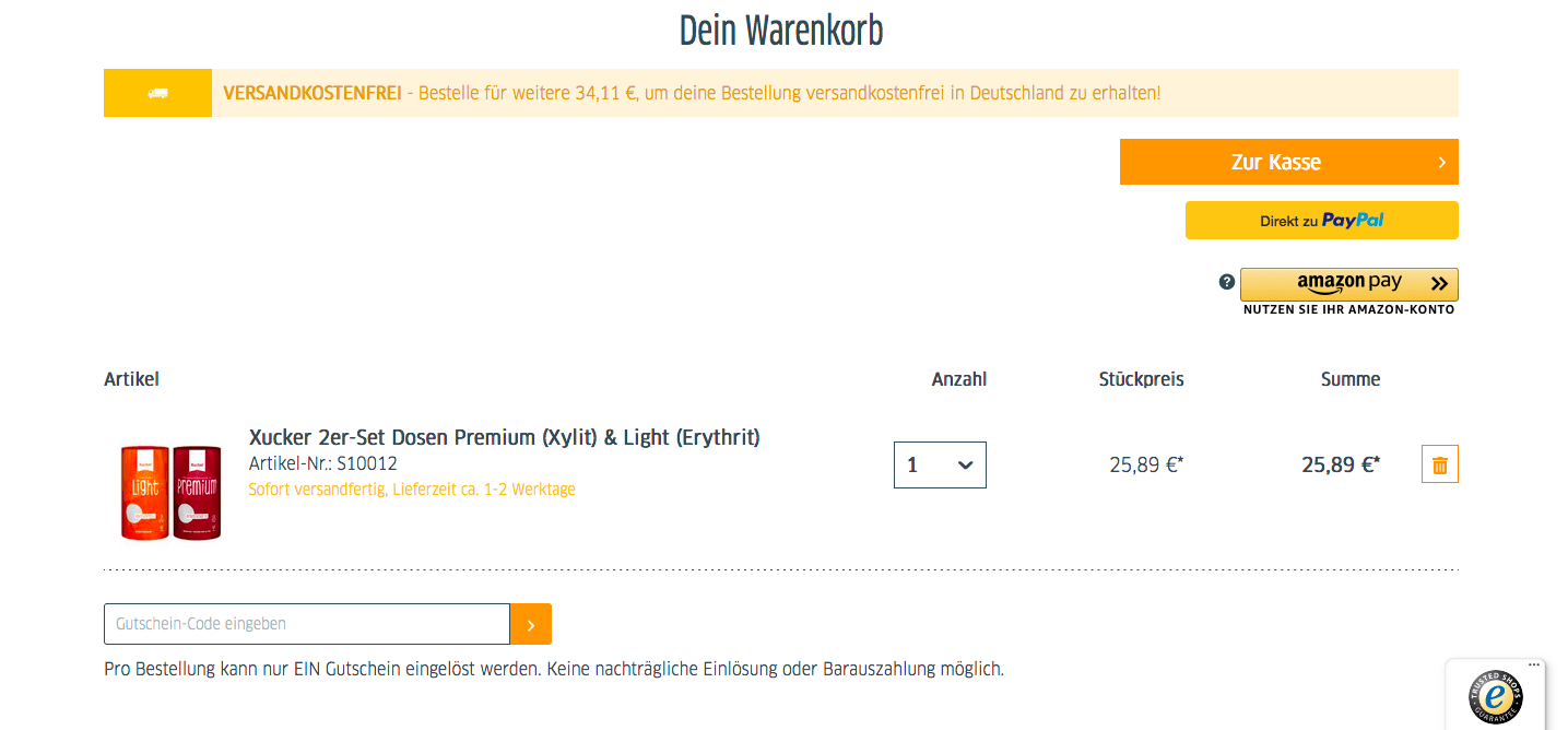 Screenshot der Warenkkorbansicht mit Feld zum Einfügen des Xucker-Gutscheins