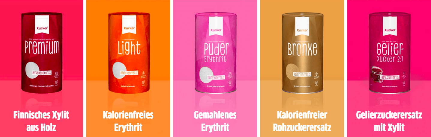 Verschiedene Xucker Produkte wie Xylit und Erythrit im Online-Shop im Angebot