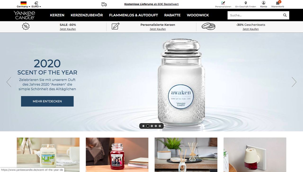 Ansicht des Onlineshops mit Yankee Candle-Angeboten