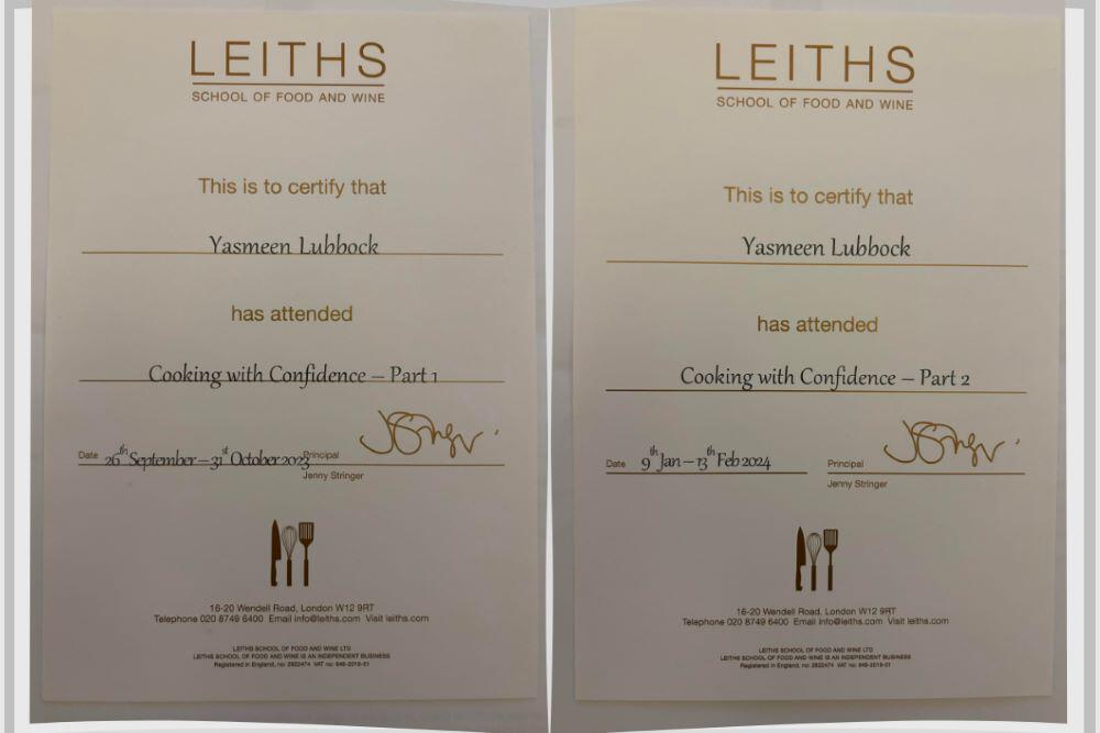 Yasmeen Lubbock Leith's certificates for cooking part 1 and part 2