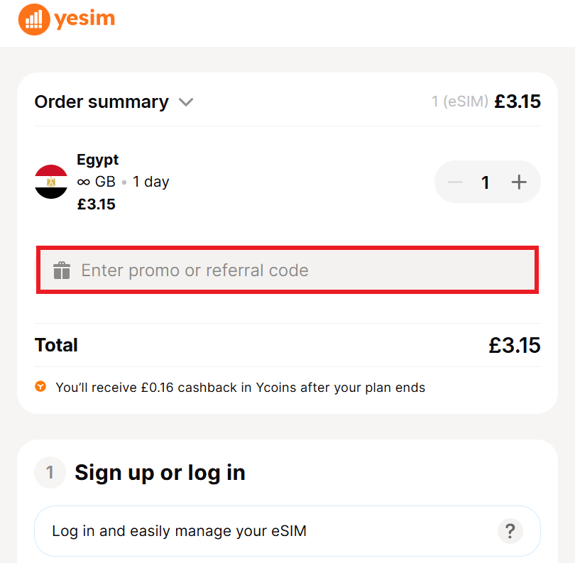 Yesim promo code box during checkout image