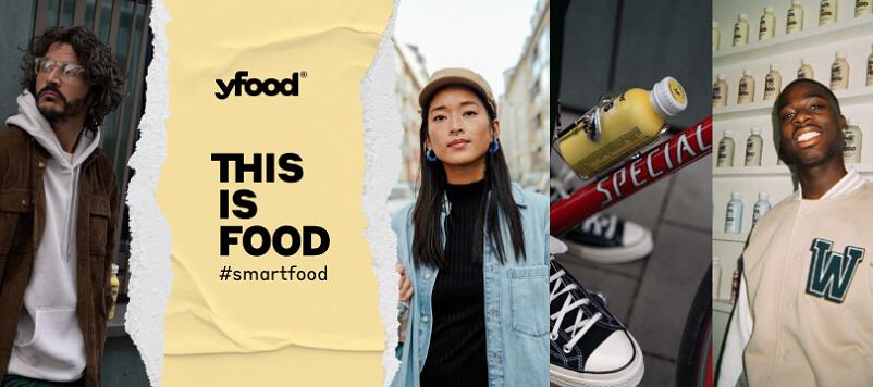 Banner der yfood Gutscheinseite: drei stylishe junge Menschen mit yfood Drinks
