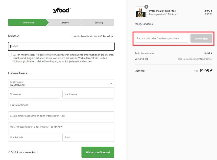 Screenshot aus dem Warenkorb mit Hinweis darauf, wo du den yfood Rabattcode einlösen kannst