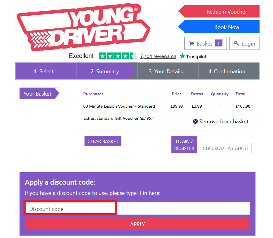 Young Driver discount code box during checkout image