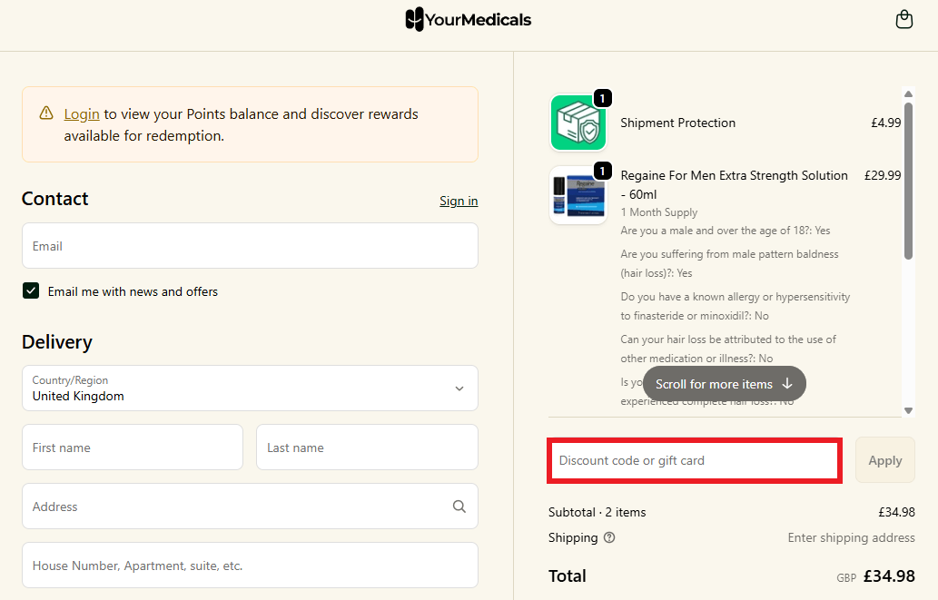 Your Medicals discount code box during checkout image