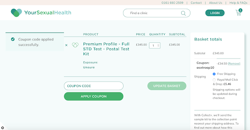 Your Sexual Health discount code application box