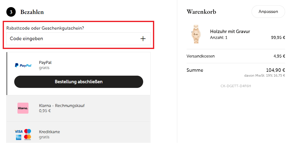 Warenkorbansicht mit Eingabefeld für einen YourSurprise Gutschein