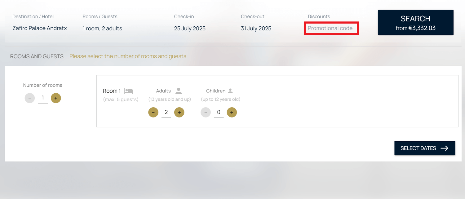 Zafiro Hotels discount code box during booking