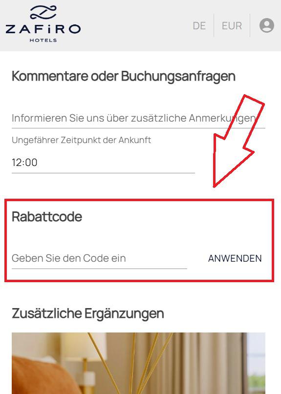Screenshot vom Eingabefeld mit Hinweis darauf, wo du deinen Zafiro Hotels Gutschein einlösen kannst