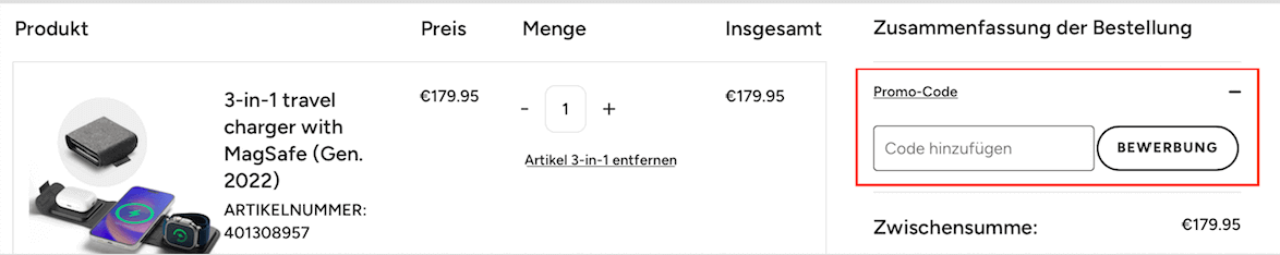 Eingabefeld für den ZAGG Gutschein im Warenkorb
