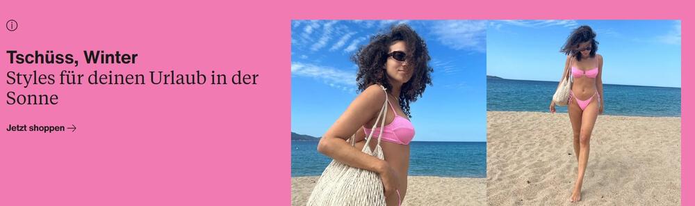 Frau in rosa Bikini auf Banner für Urlaubsmode bei Zalando