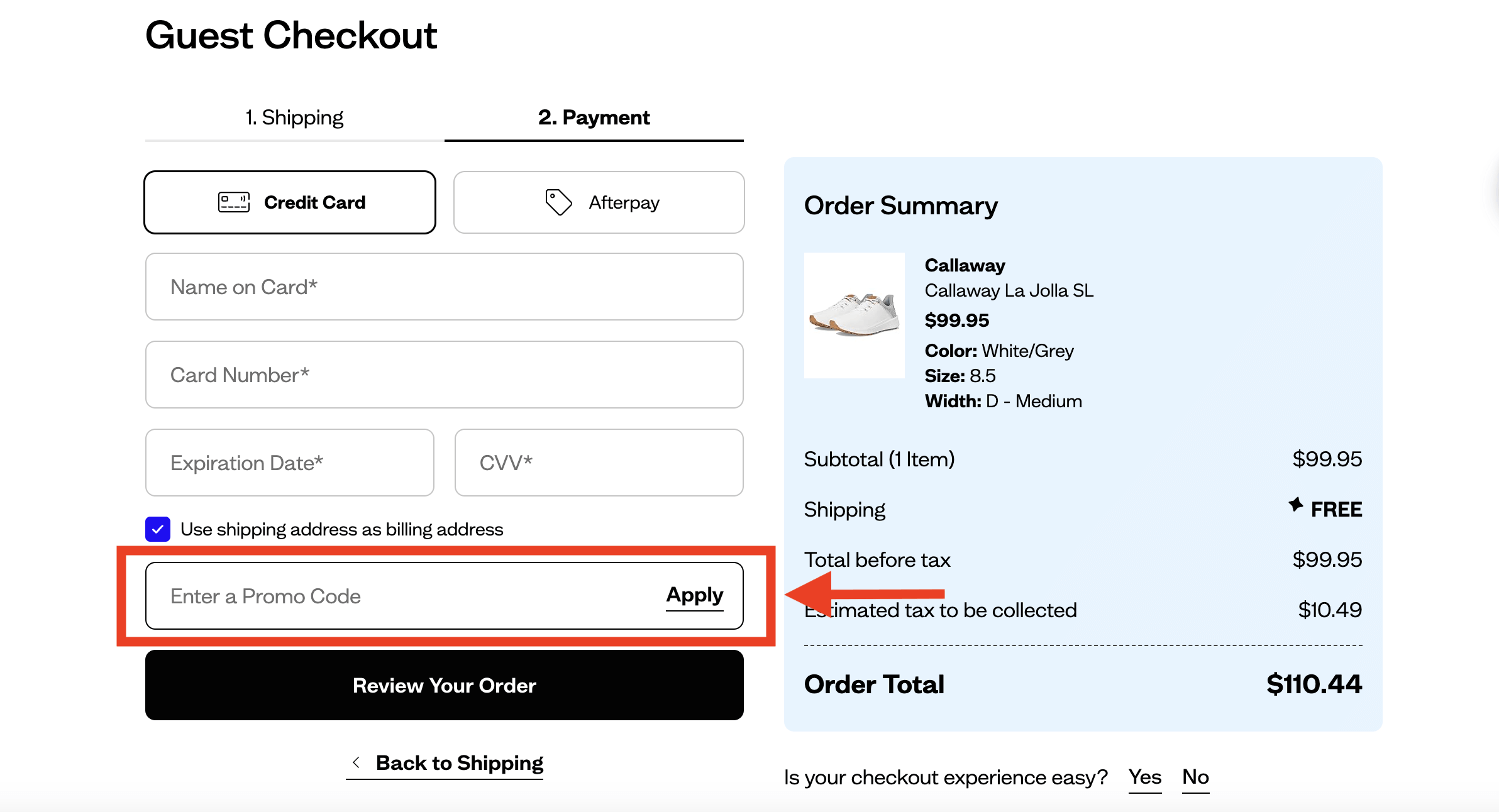 Zappos promo code box on checkout page