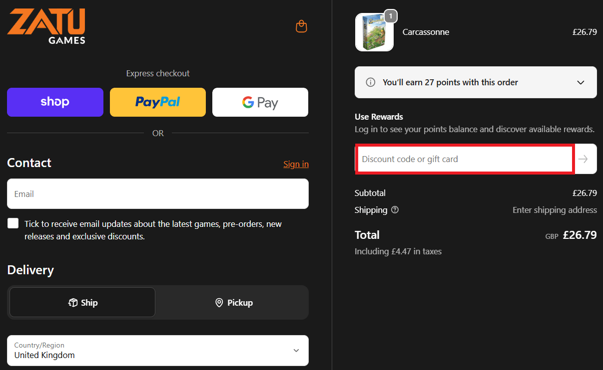 Zatu Games discount code redemption box at checkout image