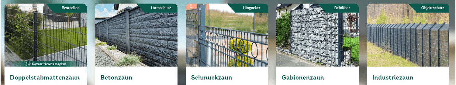Unterschiedliche Arten von Zaun-Idee-Gartenzäunen im Online-Shop: Doppelstabmattenzaun, Betonzaun, Schmuckzaun, Gabionenzaun, Industriezaun