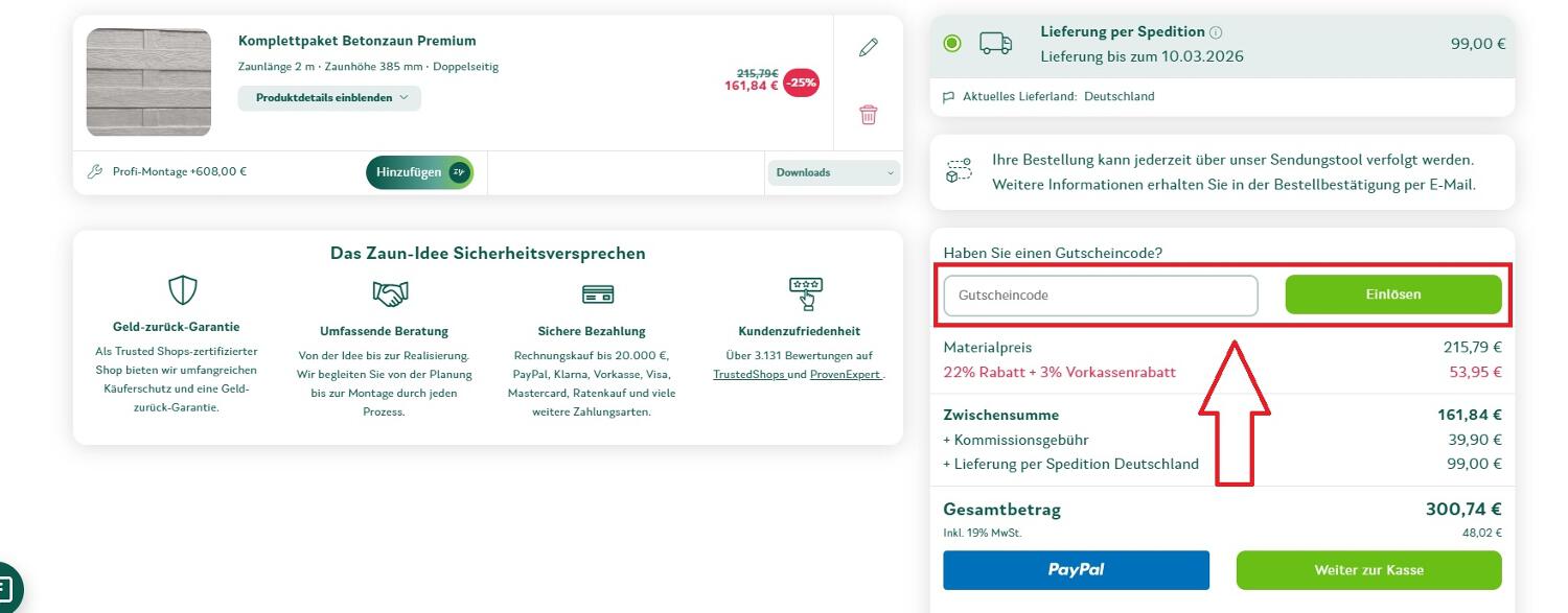 Warenkorbansicht mit Eingabefeld für einen Zaun-Idee-Gutschein