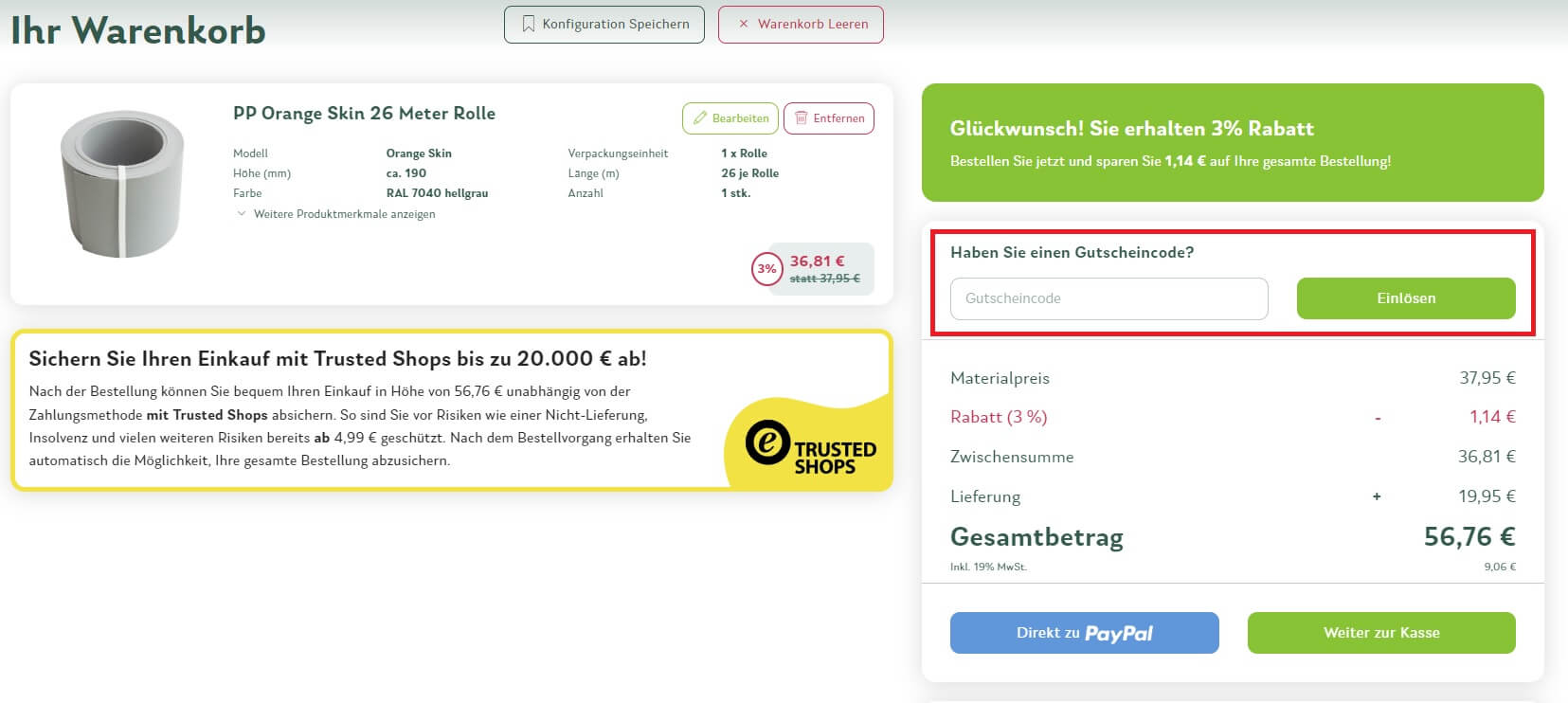 Warenkorbansicht mit Eingabefeld für einen Zaun-Idee-Rabattcode