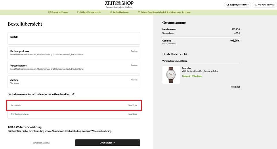 mg: zeit-shop-gutschein-einloesen / alt: Screenshot aus dem Warenkorb mit Hinweis darauf, wo du den ZEIT Shop Gutschein einlösen kannst.