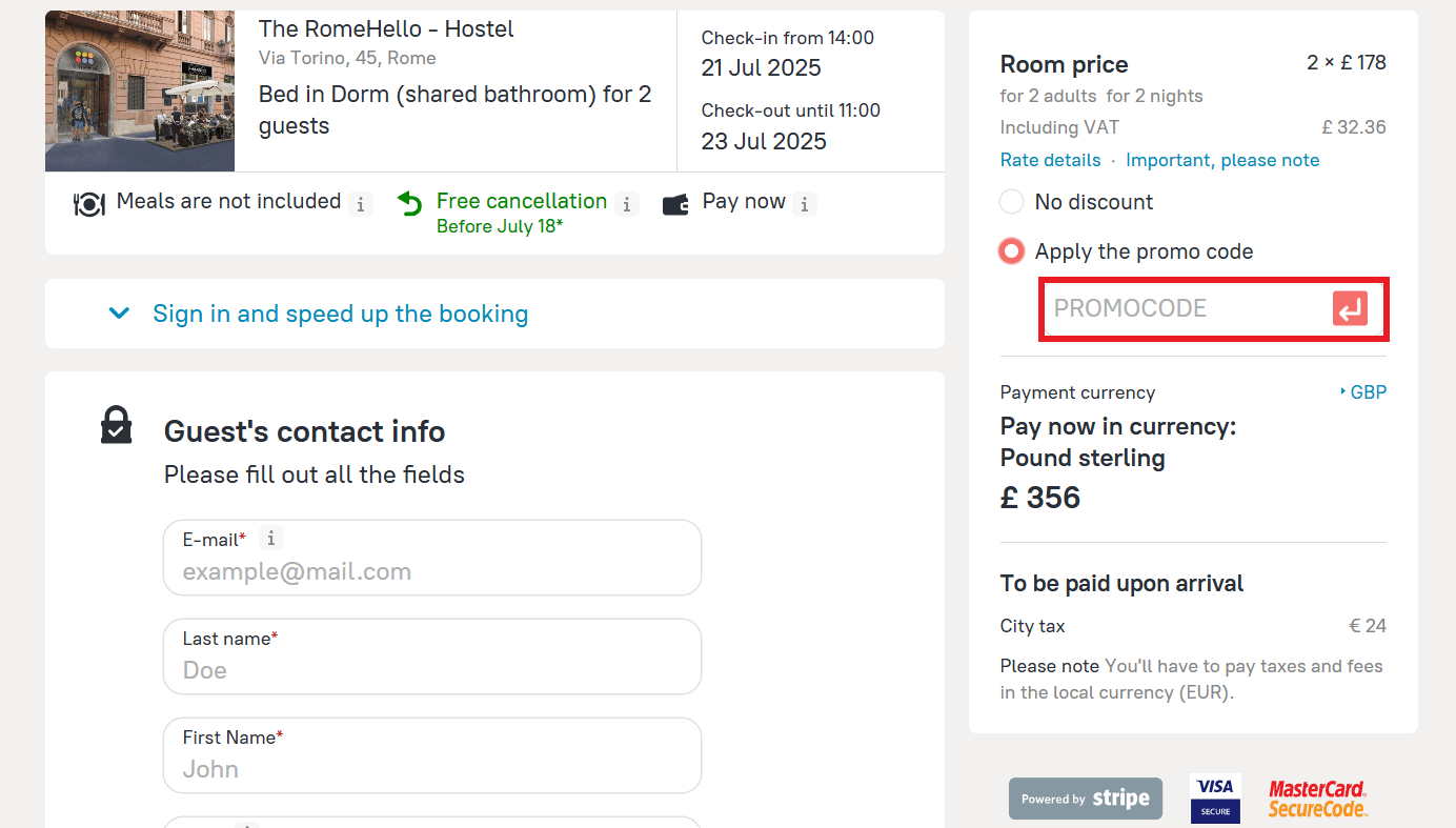 Zen Hotels promo code during booking process