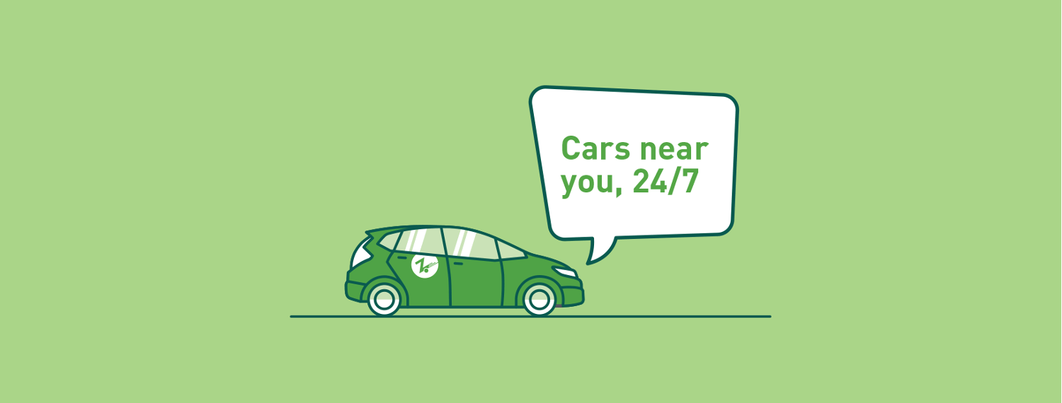 Green car graphic. Text reads: Cars near you, 24/7