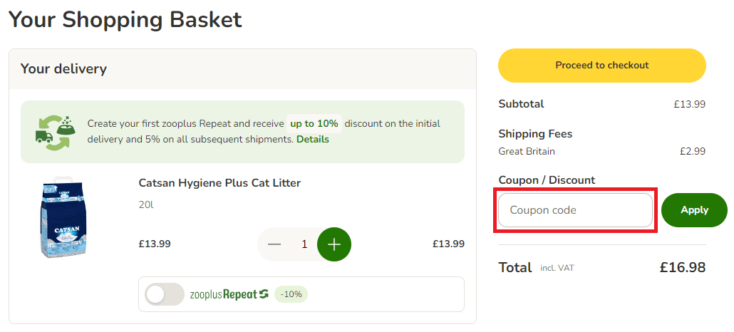 zooplus discount code box on the payment page of the zooplus website
