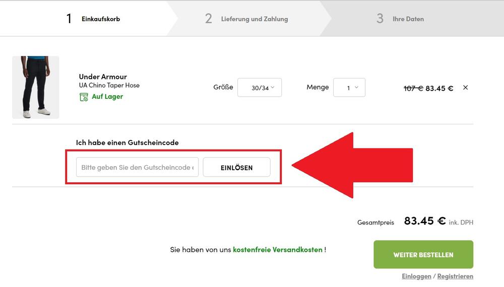 Warenkorbansicht mit Eingabefeld für ZOOT Gutschein im Online Shop