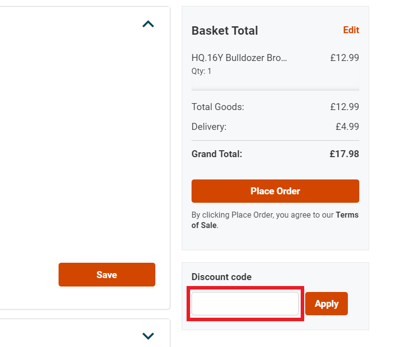 Zoro discount code box in shopping basket