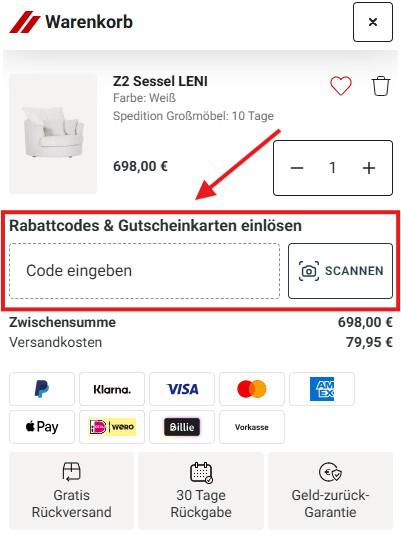 Screenshot wie du im Warenkorb des Online-Shop einen Zurbrüggen-Gutschein einlösen