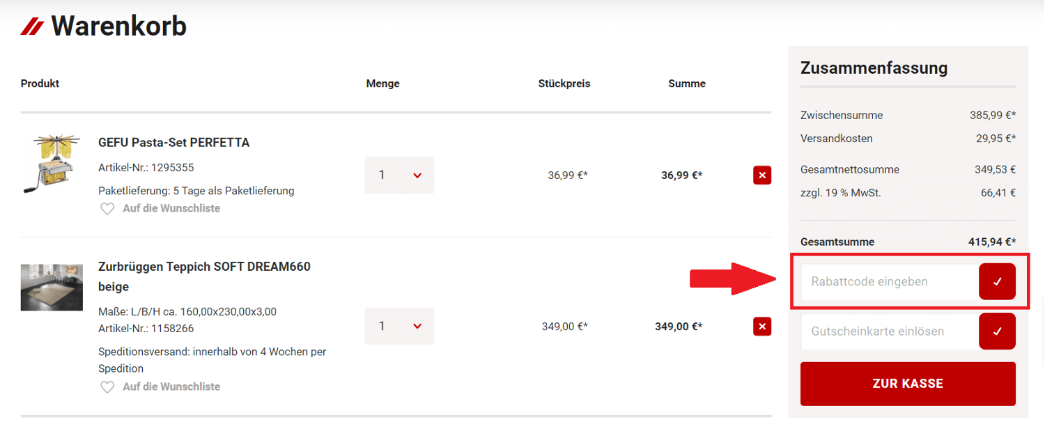 Im Warenkorb einen Zurbrüggen-Gutschein einlösen