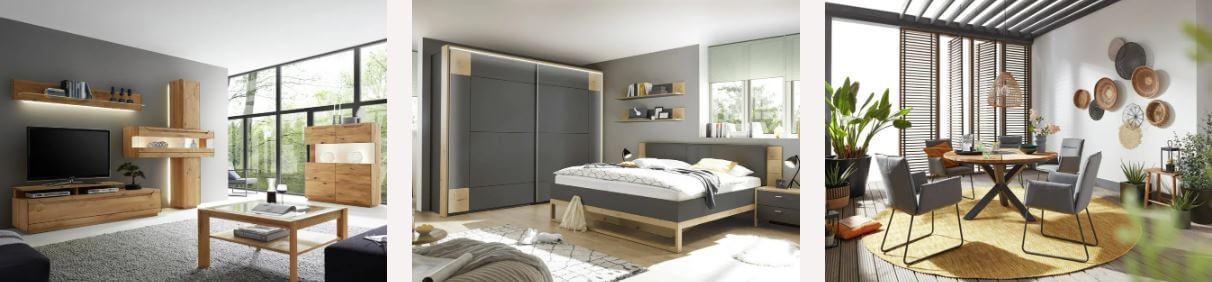 Banner für die Zurbrüggen Gutscheinseite mit Fotos von Wohnzimmer, Schlafzimmer und Esszimmer